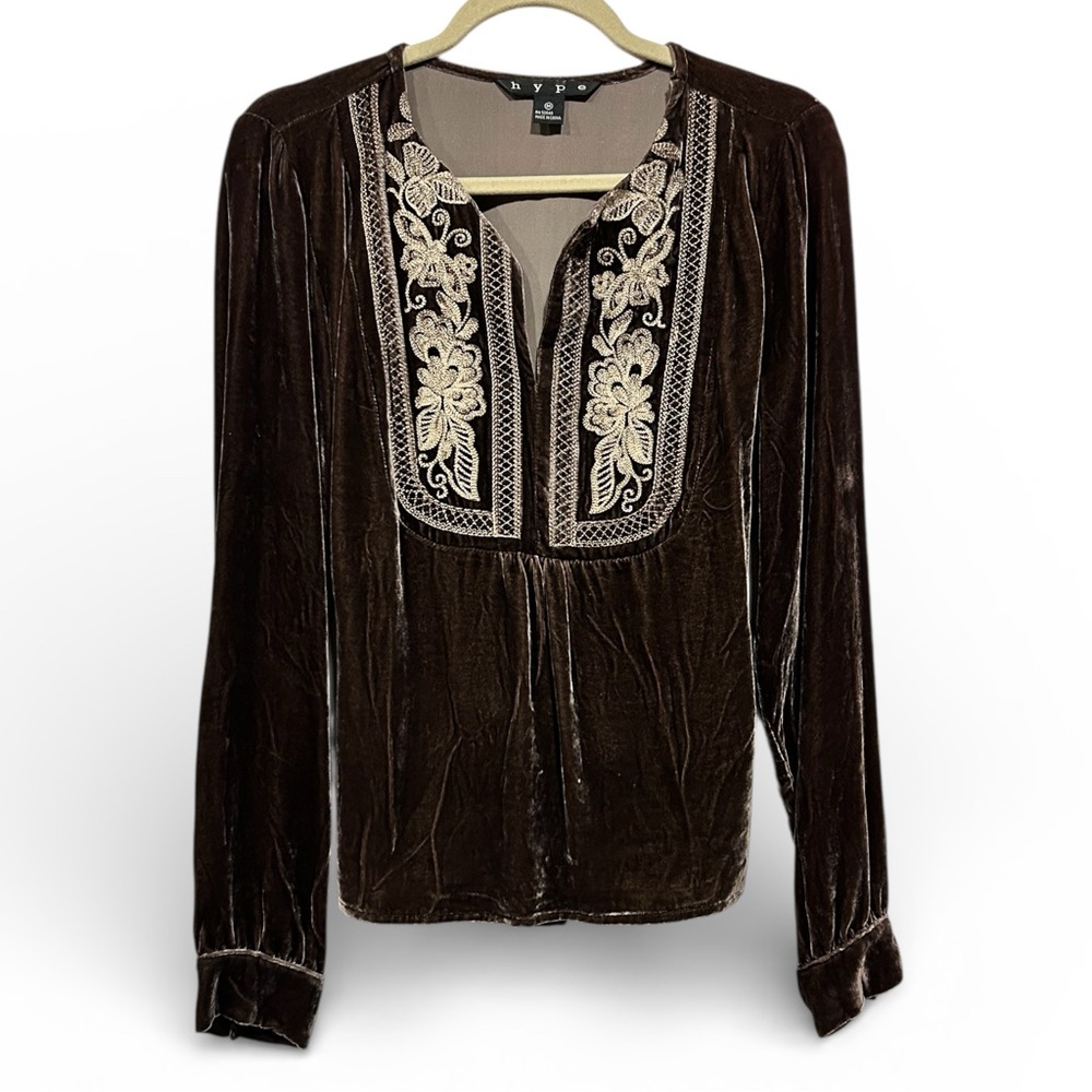 Vintage Hippie Brown Velvet Embroidered Tunic Top Romantic Retro Tie Back M